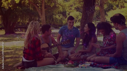 Group sitting, guitarist playing, animated music notes floating toward them, passing snacks for fun