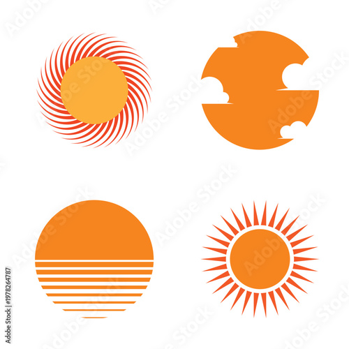 Set of abstract orange sun icons and minimal geometric sunrise or sunset symbols on white background vector illustration