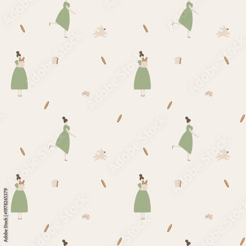seamless minimal bakery with girl, dog and bread pastel bursery repeat pattern background, flat vector illustration graphic design