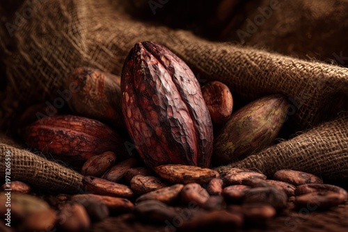 Cocoa pods rest among scattered beans on coarse burlap fabric under warm lighting. Their rich brown hues and rough textures create a rustic composition highlighting chocolate's origins.
