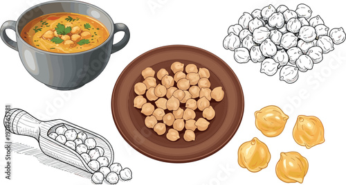 Chickpeas food vector illustration set with cooked soup dried beans and seeds in bowl and scoop isolated on white background