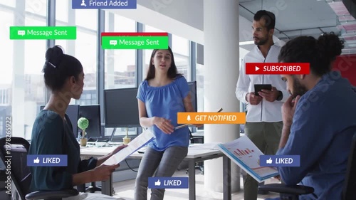 Lead sharing charts, yellow file for biz reports sparking badges rising, fading as team refocusing