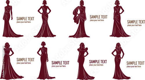 Elegant fashion vector silhouettes of women wearing formal evening gowns and luxury wedding dresses for gala events red carpet celebrations and high-end boutique design.