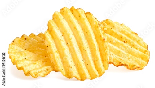 A close-up of three ridged potato chips on a white background