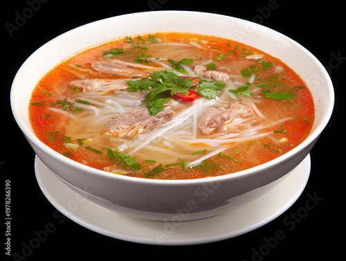 Delicious Vietnamese Pho Soup with Fresh Herbs and Noodles.