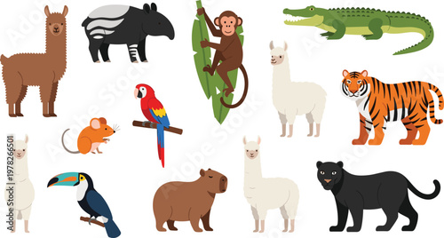 Wild Animals Vector Set with Tiger Crocodile Monkey Parrot Bear Panther Llama Alpaca Tapir Toucan and Forest Wildlife Elements in Flat Style.
