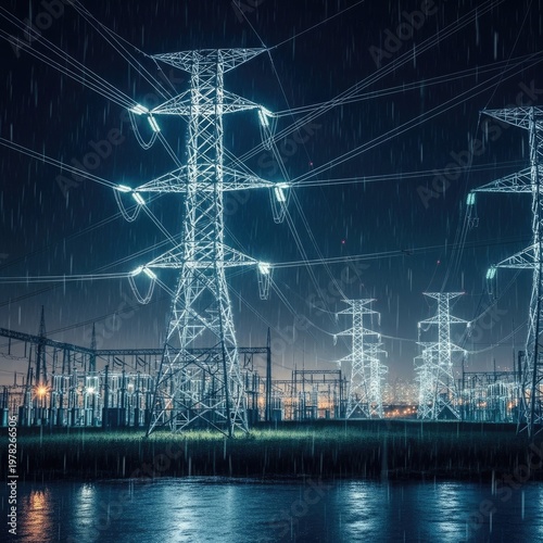 Electric Power Transmission Towers at Night.