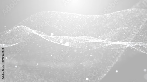 White particle wave on light background, seamless loop animation of flowing digital surface, minimal abstract technology backdrop, soft elegant motion