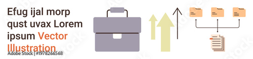 Business strategy, file organization, data management, growth analysis, project planning, productivity tools. A briefcase, arrows indicating growth and folders connected to documents. Business