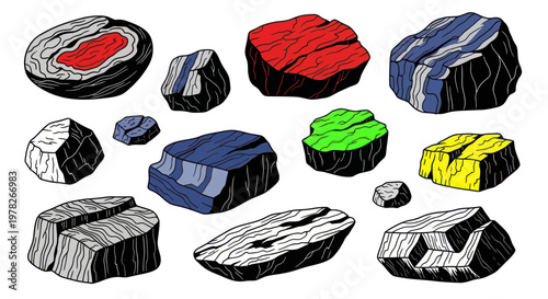 Foto Colorful Hand-Drawn Rocks Collection: Unique Shapes and Textures
