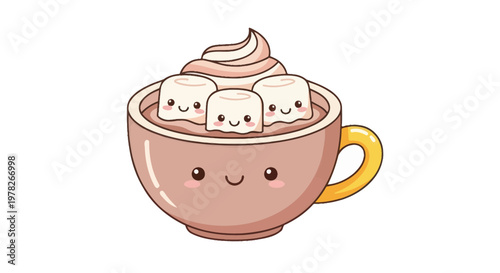 Cute Kawaii Hot Chocolate with Marshmallows and Whipped Cream