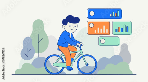 Suitable for tech articles, blog posts, and presentations. Shows man cycling near trees with floating data visualizations for tech concepts.
