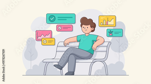 Man on bench with graphs, notifications ideal for business concepts, technology articles, finance themes in presentations, websites, and social media.