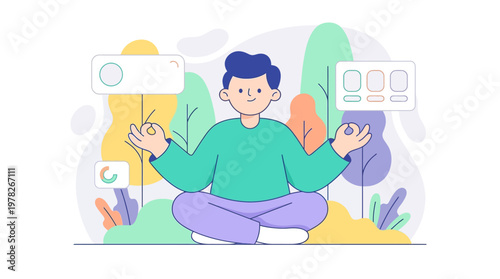 Person meditating among colorful, abstract shapes. Ideal for mindfulness, meditation, relaxation, mental health, spiritual concepts, and wellness designs.