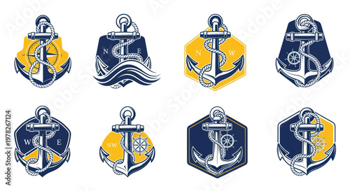 Nautical Anchor Emblems: Set of 8 Marine Icons with Compass and Rope