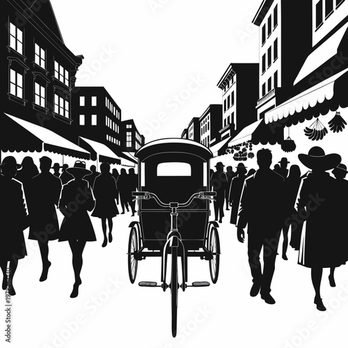 Vintage street scene vector illustration, black and white silhouette of crowded city market, rickshaw and people walking in urban town square
