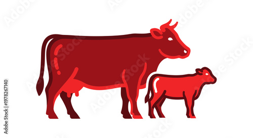 Red Cow and Calf Illustration, Farm Animal Silhouette