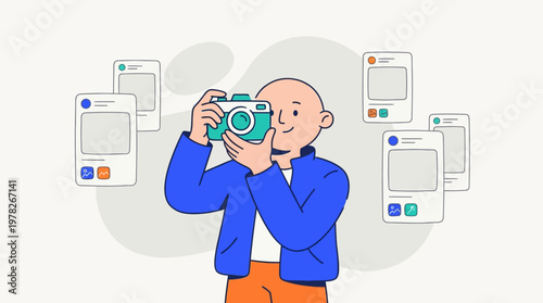 Person holding camera amidst social media posts, taking photographs with a smile. Suitable for photography, social media, and technology concepts.