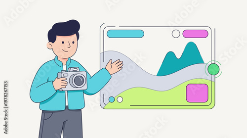 Person holding camera in front of graphical display, suitable for technology blogs, photography websites, and social media content.