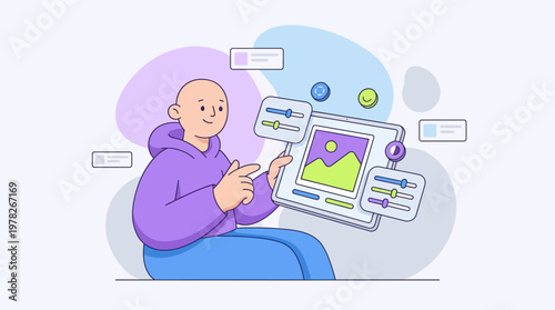 Person controls image editing sliders on digital interface using software. Graphic design tutorials, technology blog, editing software demo.
