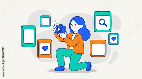 Woman photographer with a camera surrounded by social media icons. Perfect for digital marketing concepts and social media promotions.