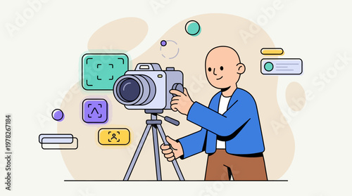 Suitable for promotions, video production, photographer blogs. Shows man using camera equipment on a tripod, capturing dynamic shots.