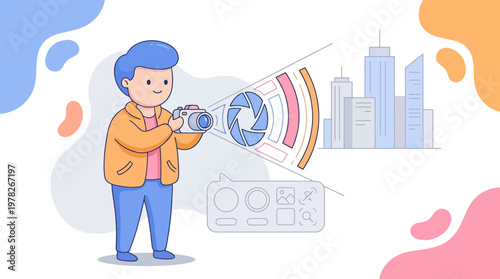 Man taking photos of city with camera. Suitable for travel blogs, photography articles, and urban exploration websites.