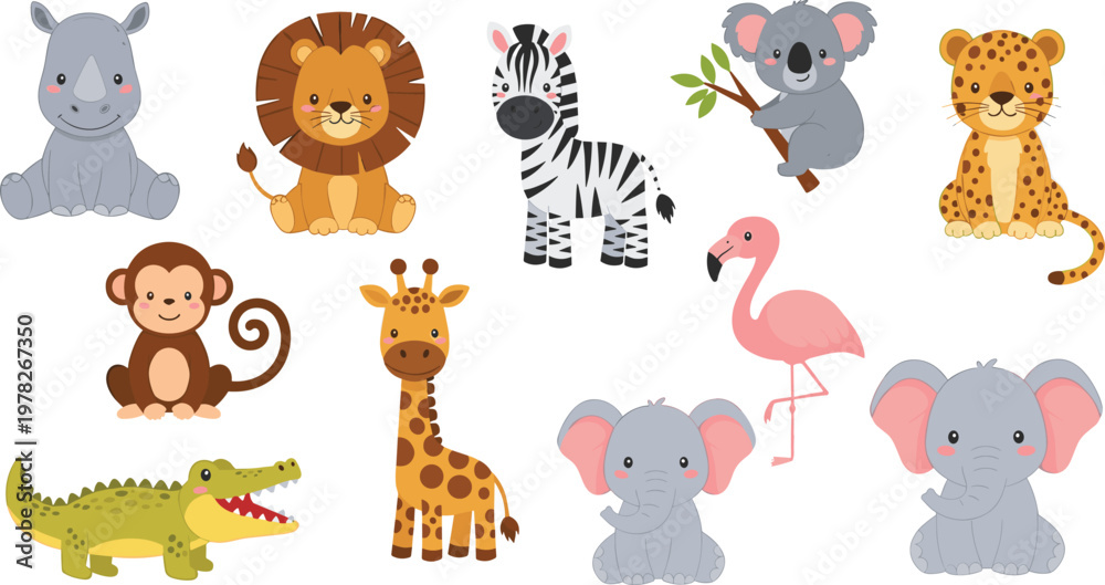 Obraz premium Cute Safari Animals Collection with Lions, Elephants, Giraffes, Monkeys, and More in Vector Style