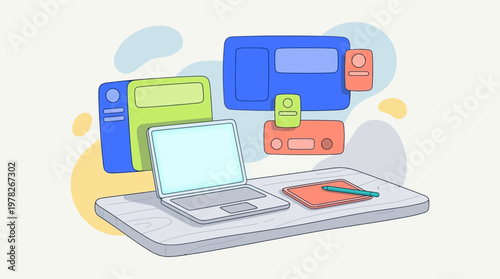 Laptop, tablet, folders, and electronic devices for digital workspaces. Suitable for technology, workspace, productivity, and digital gadgets themes.