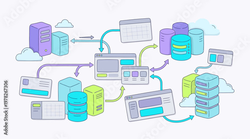 Cloud computing architecture with servers and data storage elements. Suitable for technology, it, or cloud computing concepts in presentations or design projects.