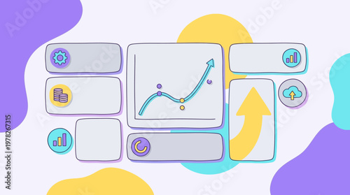 Business analytics symbols, data charts, upward arrows. Suitable for presentations, reports, articles on growth, progress, and data analysis.
