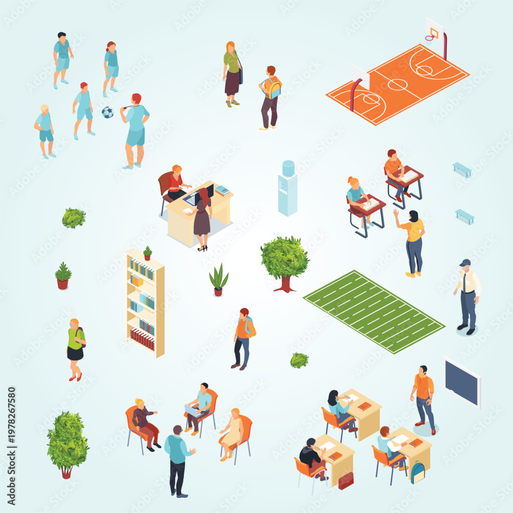 Fototapeta premium school isometric set sports ground schoolhouse teacher pupil characters isolated vector illustration
