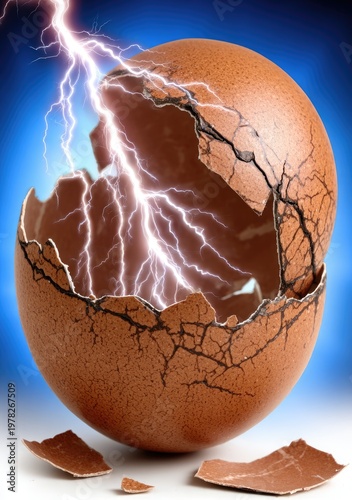 Lightning Strikes Cracked Eggshell with Electric Energy.