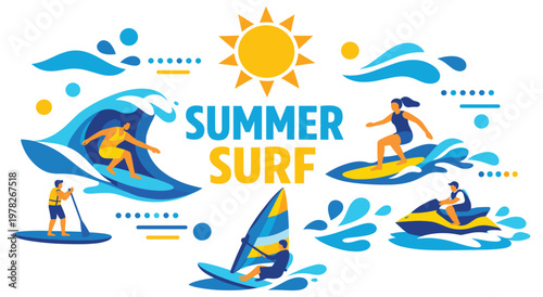 Dynamic summer surf illustration featuring various water sports activities like surfing, paddleboarding, windsurfing,