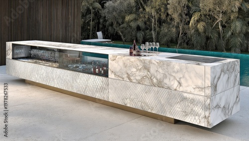 Luxurious Outdoor Kitchen with Marble Countertop and Integrated Bar Area.