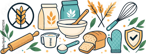 Colorful gluten free baking icons set flat hand drawn food illustration for web print