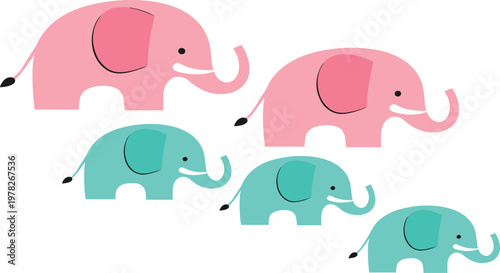 Cute Elephant Family Vector Illustration with Parent and Baby Animals in Minimal Flat Cartoon Style for Kids Design and Nursery Decor.