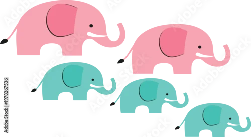Fototapeta Cute Elephant Family Vector Illustration with Parent and Baby Animals in Minimal Flat Cartoon Style for Kids Design and Nursery Decor.