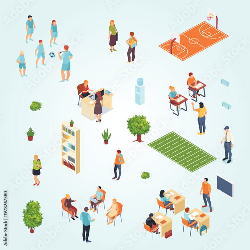 school isometric set sports ground schoolhouse teacher pupil characters isolated vector illustration