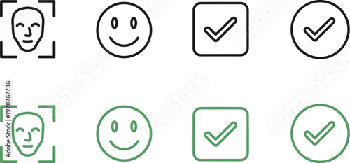 Biometric recognition vector icons set featuring face scanning security symbols along with successful verification check mark interface design elements