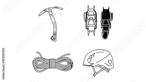 Essential Climbing Gear: A collection of vital climbing tools and equipment, essential for mountain ascents and outdoor adventures, depicted in a detailed monochrome illustration.