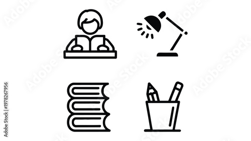 Essential Study Icons: A collection of simple, yet elegant outline icons representing the essential elements of study and education, designed to inspire learners and enhance learning materials.