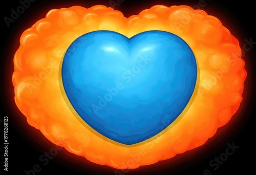 Vibrant Blue Heart with Fiery Orange Aura on Black Background.