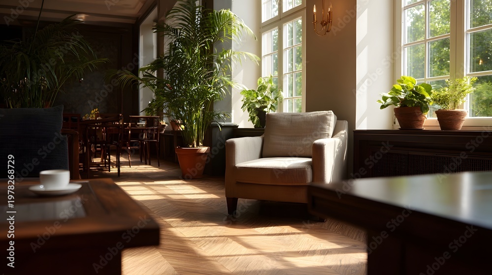 Fototapeta premium A sunlit comfortable lounge area featuring lush tropical plants and stylish furniture conveying a serene and elegant atmosphere