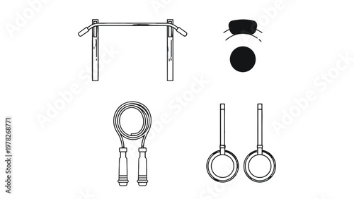 Gym Equipment: A minimalist line drawing showcases a selection of gym equipment, perfect for a home or commercial setting.