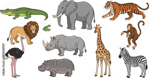 Wild Safari Animals Vector Set with Lion Tiger Elephant Giraffe Zebra Rhino Hippo Crocodile Ostrich and Monkey in Detailed Flat Illustration Style.