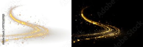 Konstfotografi Golden sparkling dust wave curved light line magic glitter particles shining eff