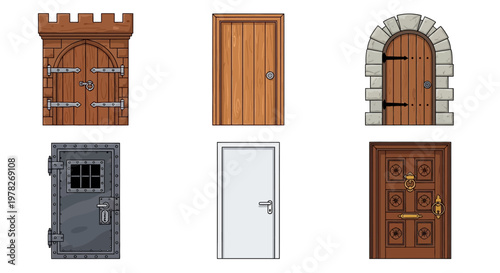 Collection of Diverse Illustrated Doors in Various Styles and Materials.