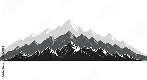 Monochromatic Mountain Range Landscape Illustration with Jagged Peaks and Snowy Tops.