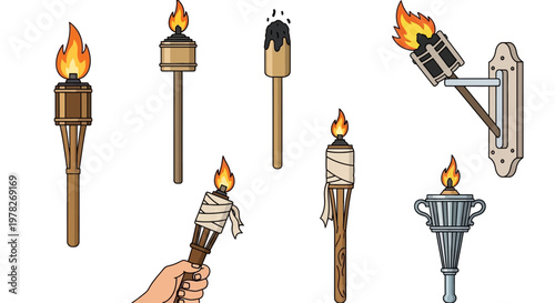 Collection of Illustrated Torches Featuring Handheld Wall-Mounted and Tiki Designs.